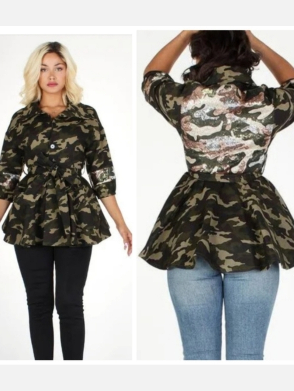Camouflage Peplum Tunic with Sequin Back - Olive Green